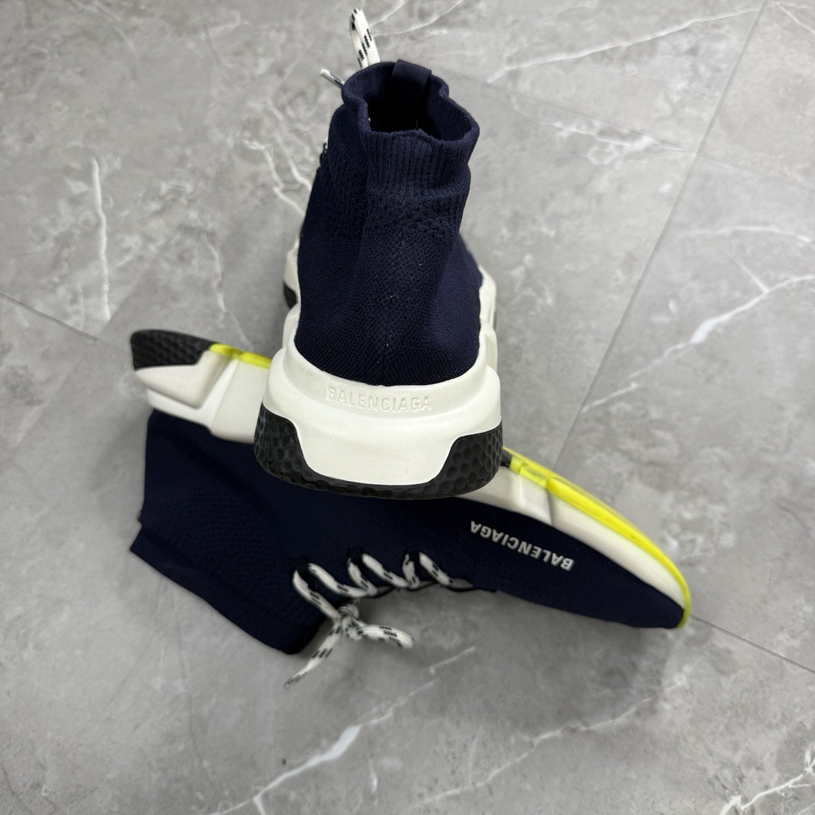 Balenciaga Speed Lace Up Navy White Neon Yellow Sneakers Men’s 13 thumbnail 8
