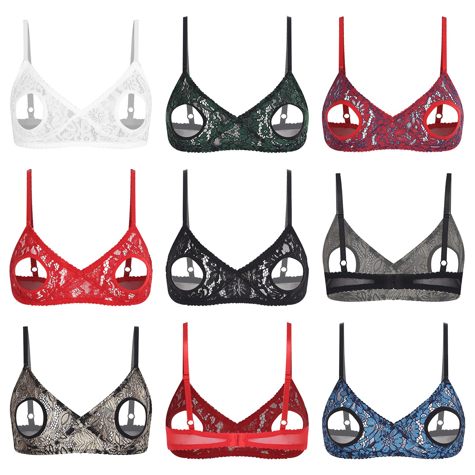 Women's Lingerie Bra Tops Lace Cutout Nipples Unlined Adjustable Straps Bralette