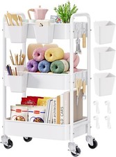 3 Tier Rolling Cart Metal with Wheels, White Three Tiered Craft Cart Organizer