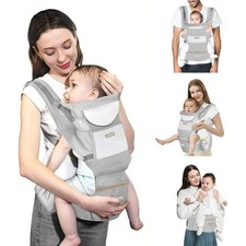 Ergonomic Baby Carrier with Hip Seat, 7-45lbs, 6-Way Carry, Grey, Washable