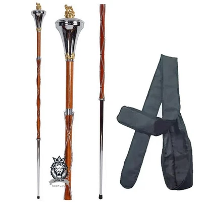 LION OF SCOTLAND Scottish Pipe Band Drum Major Maces Löwenkrone geprägter Kopf Chrom Tragetasche