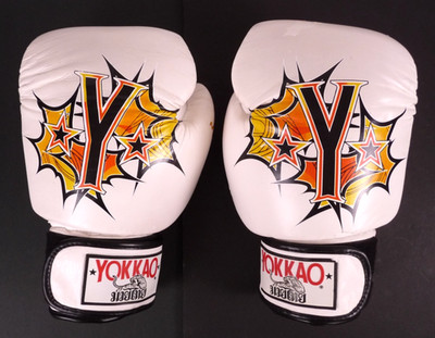 Yokkao Boxing Gloves 16 oz Leather Muay Thai Kickboxing MMA White Orange Pair