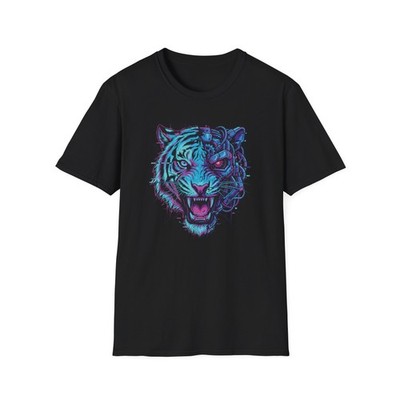 Neon Tiger Face T-Shirt | Glowing Retro Cyberpunk Cat