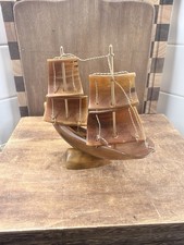 Vintage Handcrafted Sailing Ship 2 Mast Carved Sails Horn