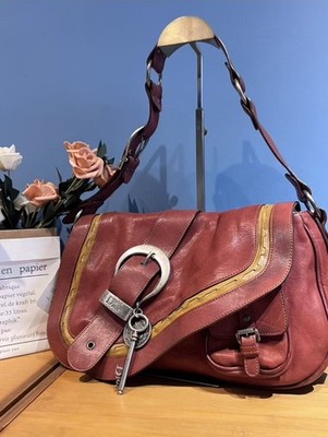 Christian Dior Gaucho Shoulder Bag Red Leather Vintage Rare AUTH