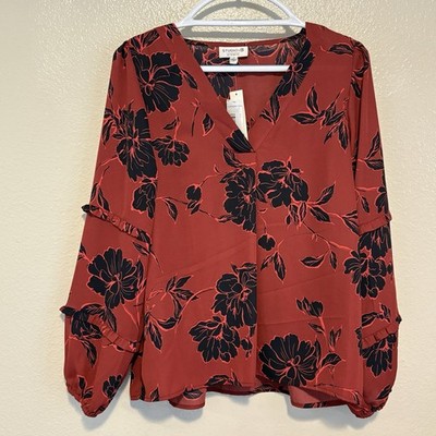 NWT Studio B Bobeau Red Black Floral Ruffle Sleeve V-Neck Blouse Top Size Medium