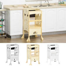 Qaba Kids Kitchen Step Stool Ladder Folding Toddler Tower w/ Chalkboard