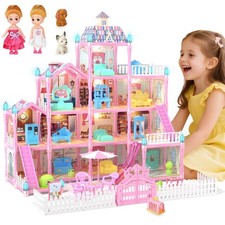 Doll House for Girls with Lights, 3 Dolls, 4 Floors -13 Rooms, 7 Sets of Furn...