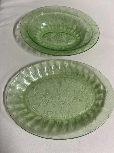 Jeanette Floral Poinsettia Oval Bowl & Glass Platter Green Uranium Lot If 2!