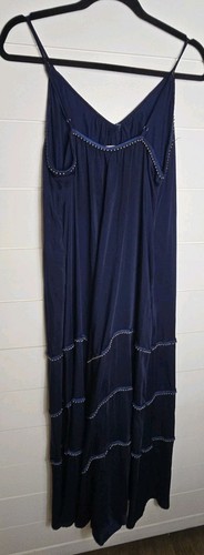 Vestido Campesino Rachel Hollis Azul Marino Satinado Talla S Adornado con Cuentas - Imagen 5 de 11