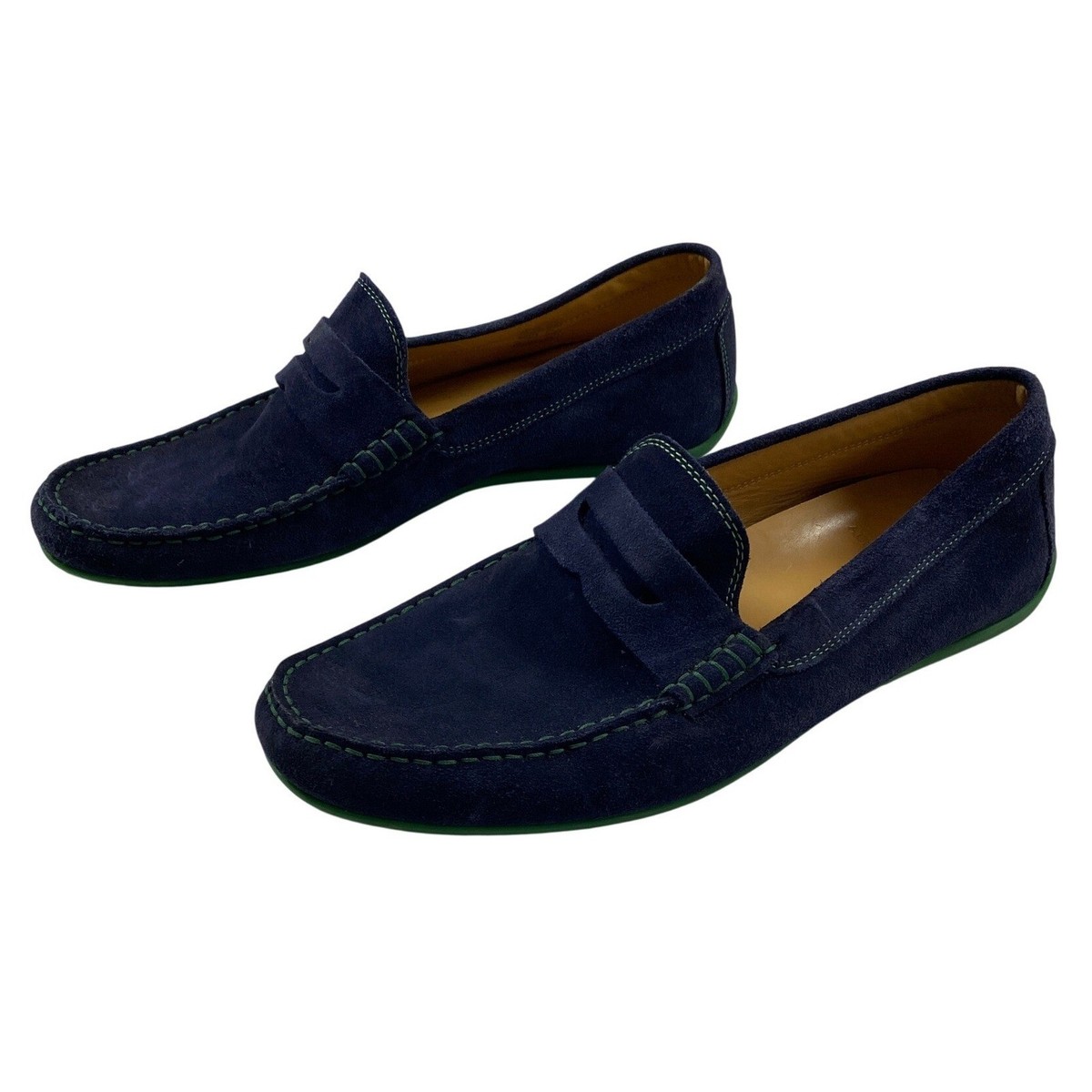 Austen Heller Mens Navy Blue Suede Penny Loafers Green Sole  display picture 1