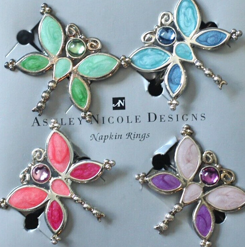 Y2K Ashley Nicole Design Butterfly / Dragonfly Rhinestone Napkin Rings Set of 4 - Picture 3 of 16