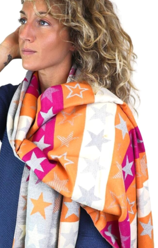 Orange Schal Damen Sterne rosa grau Decke Halstuch gemütlich Winter warm Pashmina Schal - Bild 1 von 7