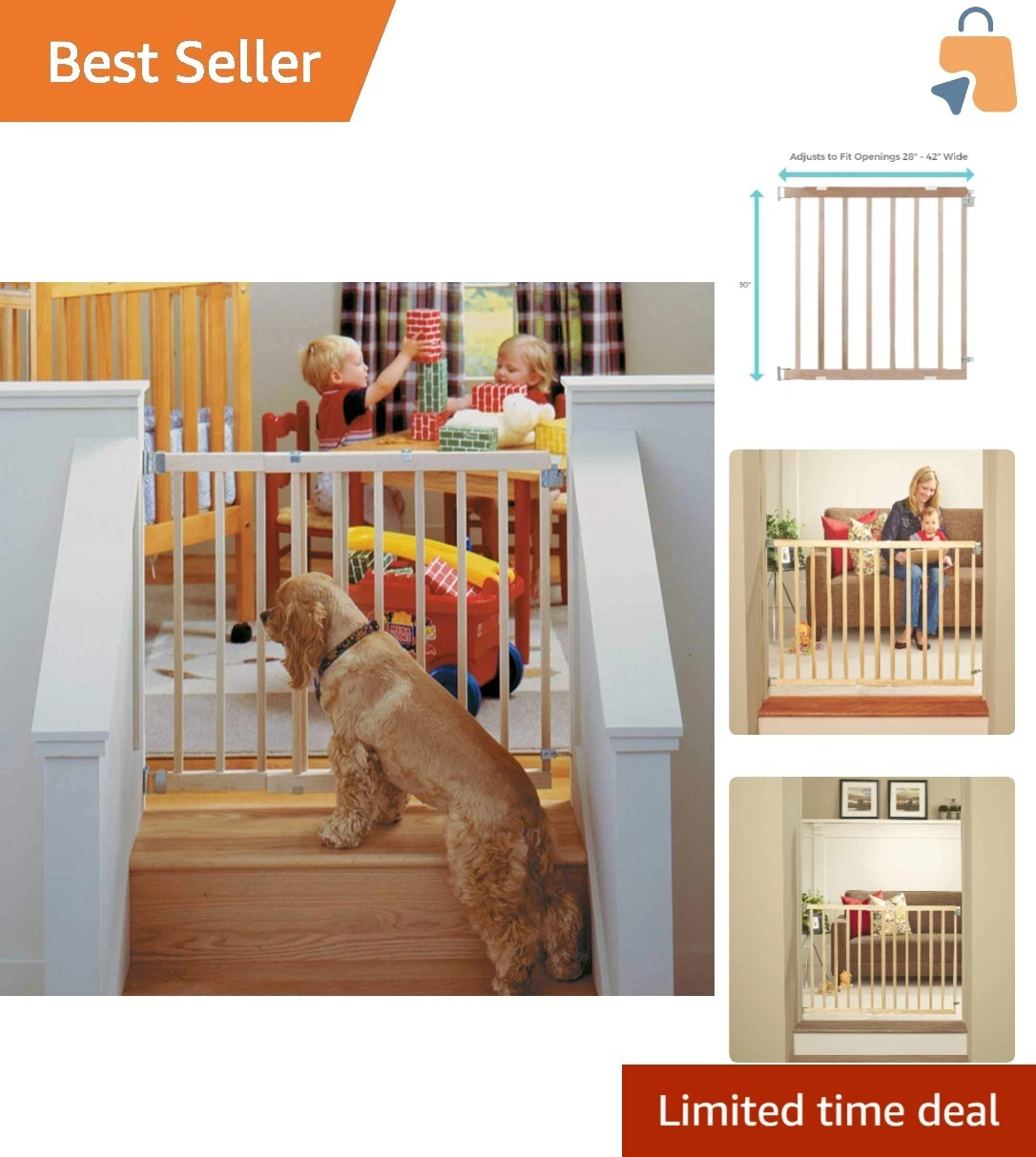 Sturdy & Elegant 30" Tall Stairway Swing Baby Gate - Fits 28"-42" Openings