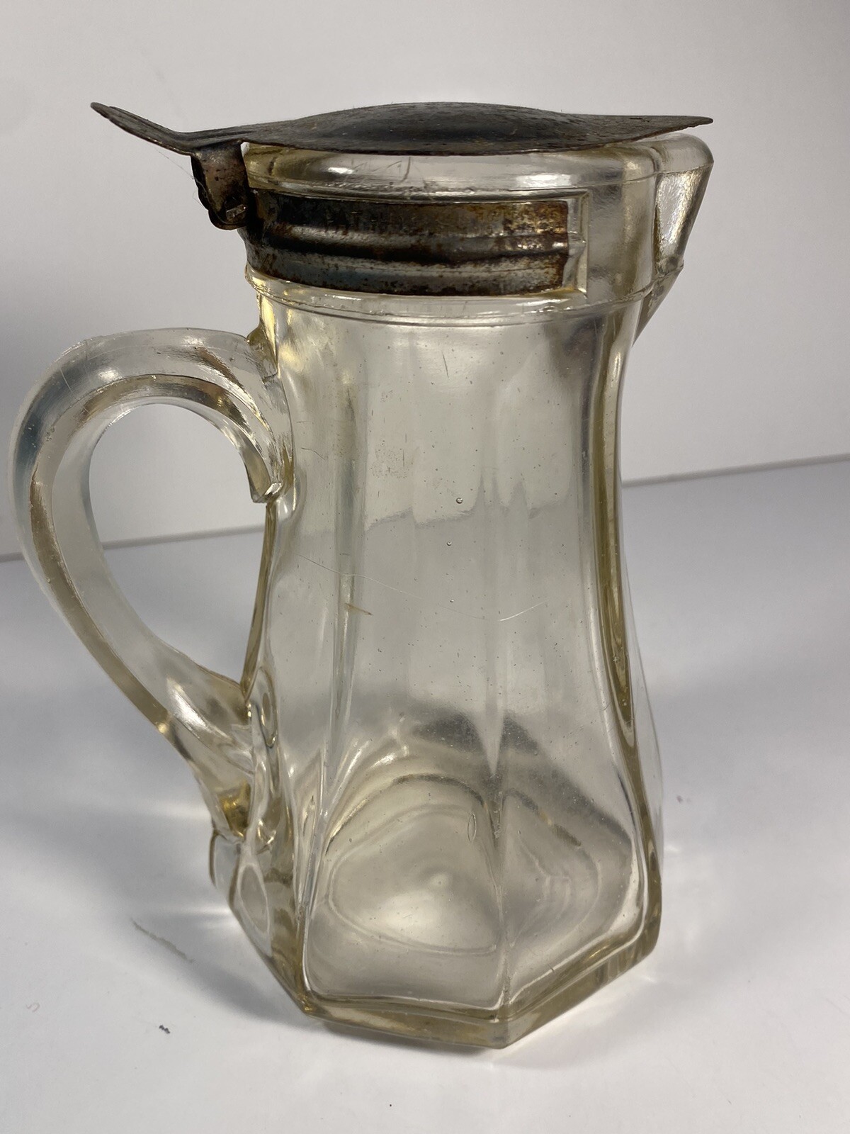 VTG Heavy Heisy Glass Cream Pitcher with Metal Lid Pat Pending 1915