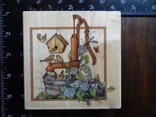 WATERPUMP WITH BIRDHOUSE BIRDS FLOWERS Summer Rubber Stamp  by UPTOWN