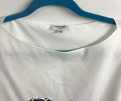 Chanel T-Shirt White Cotton Large Blue Ribbon Pearls Initials Size