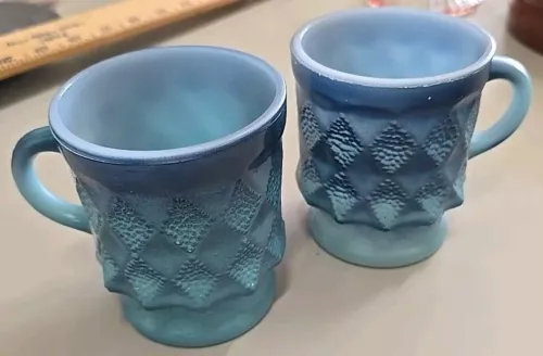 2 Vtg Anchor Hocking Fire King Blue Ombre Milk Glass Kimberly Coffee Mugs