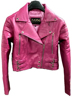 Women's 100% Real Leather Pink Cropped Biker Jacket Café Racer Short Moto Jacket