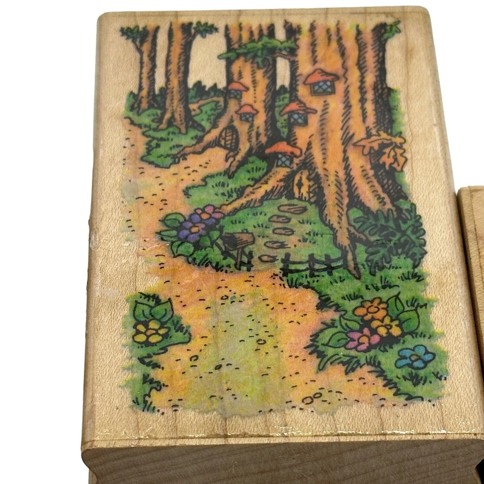 Estampillas de goma tocón de árbol de hadas casas de campo Creek 1994 tarjetas artesanales Foto 4 de 4