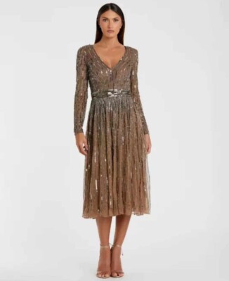 NWT Mac Duggal 5528 Tea Length Taupe Dress sz 18, Formal, Mother of the Bride