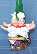 Wine Bottle Holder with cork opener, 10" Tall , 2 FAT CHEFS WITH HANDS UP, Sitco