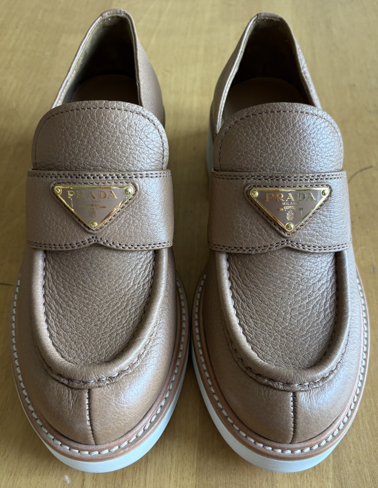 PRADA Triangular Logo Tan Leather Mod Toe  Loafer… - image 5