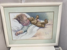 Antique Vintage Bessie Pease Gutmann 1932 Baby lithograph print Stitches On Bear