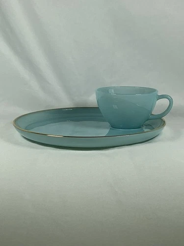 Vintage Fire King Blue Delphite Snack Lunch Set Gold Trim Plates w/ Cups