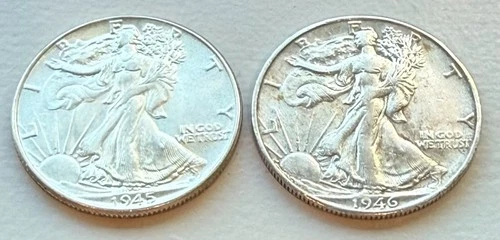 1945 1946-S Walking Liberty Half Dollars 90% SILVER WWII Era XF/AU ~  2 Coin Lot