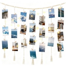 Boho Macrame Hanging Photo Display Wall Decor with String Lights Picture