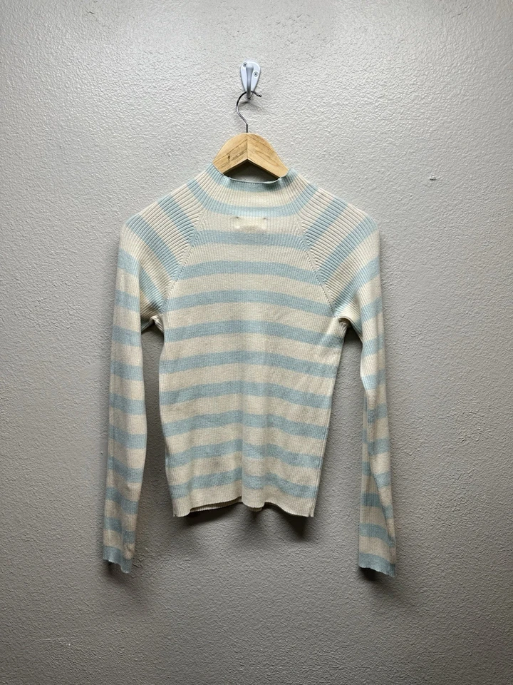Suéter Maeve by Anthropologie Rayas Acanalado Cuello Simulado - Crema/Azul - Pequeño Foto 2 de 4