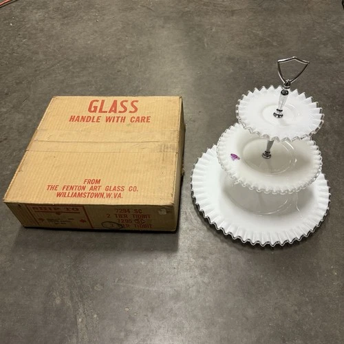 VINTAGE Fenton Silver Crest Milk Glass 3 Tier Ruffled 14" Tidbit Dessert Tray