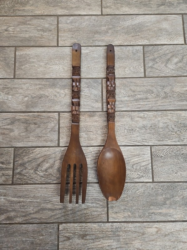 Vintage Large Wooden Spoon and Fork Tiki Carved - Jumbo 28” Kitchen Hanging 70s