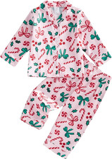 Kids Christmas Pajamas Girls Gingerbread Elf Candy Cane Feather Trim Shirt  Pan