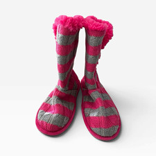 Womens Pink Gray Striped Knit Bootie Slippers Faux Fur Lined Pull-On - L 8-9 