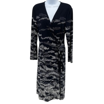 BCBGMAXAZRIA Adele Midnight Wrap  Dress SZ L Navy Blue White Printed Long Sleeve
