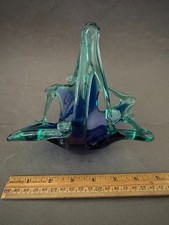 MURANO MCM BLUE AQUA/GREEN BLOWN PULLED STRETCH ART GLASS CANDY BASKET VTG