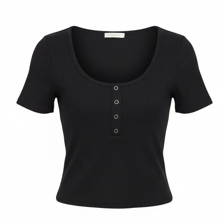 Bozzolo Womens Ribbed Henley Crop Top Black Short Sleeve Scoop Neck Size M, NEW