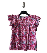 Love The Label Reina Top Blouse Pink Women’s XS Ruffles Floral Shirt Flowers