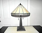 LAMP  TIFFANY STYLE DUEL BULB PULL CHAIN SLAG & STAINGLASS MISSIONARY TABLE LAMP