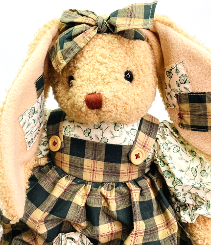 VTG MTY International Fuzzy Brown Easter Bunny Girl 18" Plush Green Plaid Dress - Picture 2 of 9