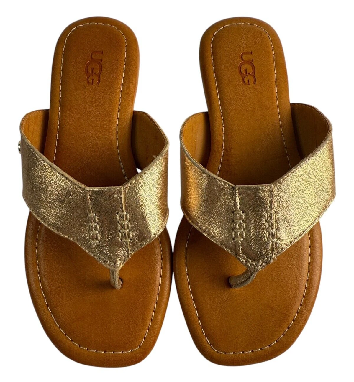 Sandali infradito piatti Ugg donna Carey in pelle oro taglia 5M nuovi senza scatola