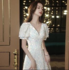 Women's Sequin Puff Sleeves V Neck Graduation Party Flared Dress Cocktail