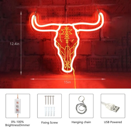 Longhorn Bull Skull Neon Sign for Cowgirl & Cowboy, Texas Long Horn Cow Skull He - Picture 8 of 11