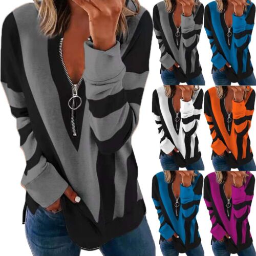 Plus Size Womens Zipper V Neck Blouse T Shirts Print Tops Ladies Long Sleeve Tee - Picture 1 of 12