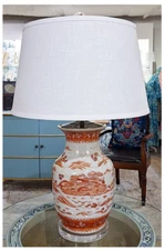 Dark Salmon Color Porcelain Chinoiserie Lamp.Hand Painted Village.With Lampshade