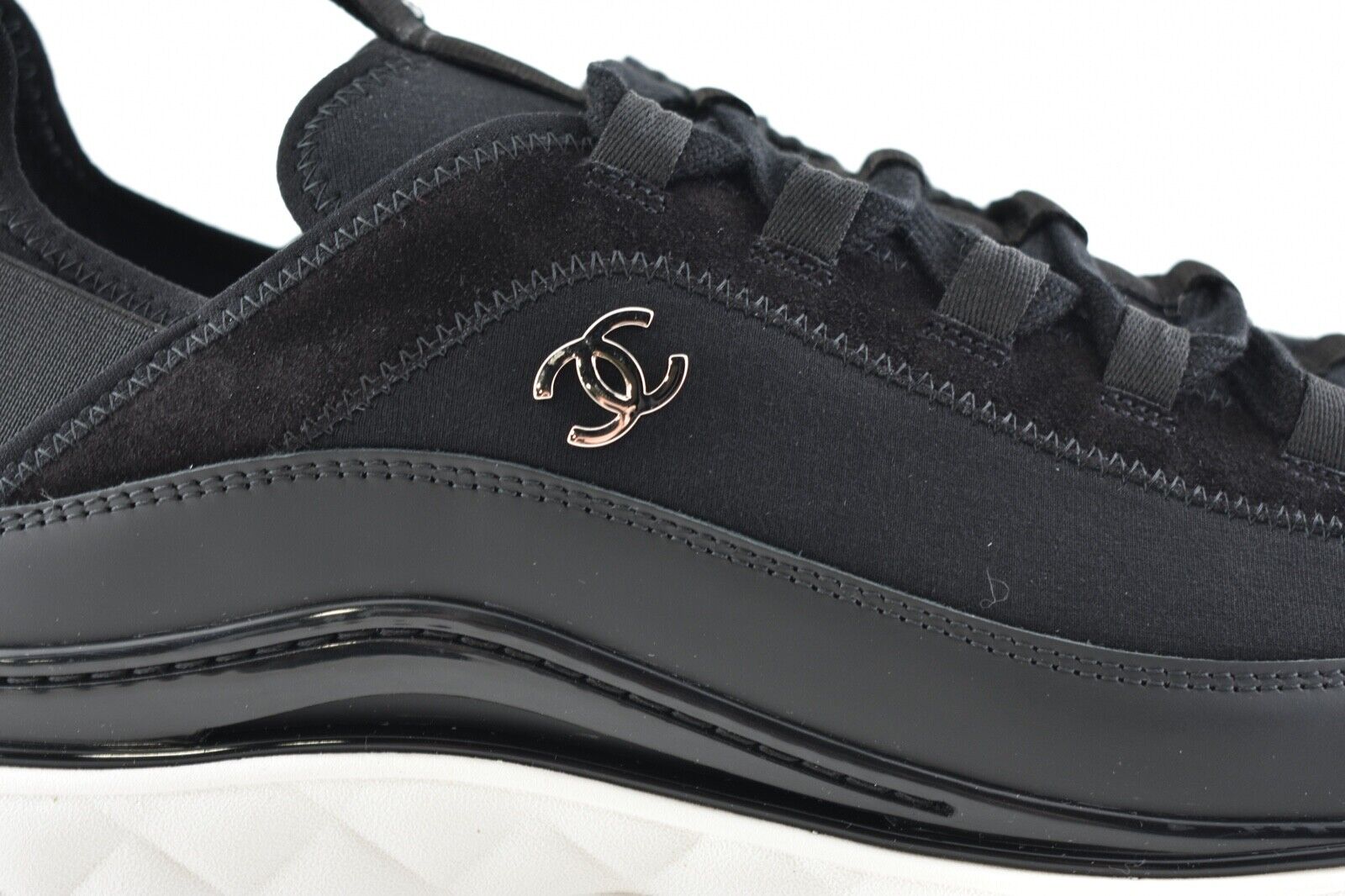 Chanel REV Mens Black White CC Logo Lace Up Tie Low Top Trainer Sneaker 44  11