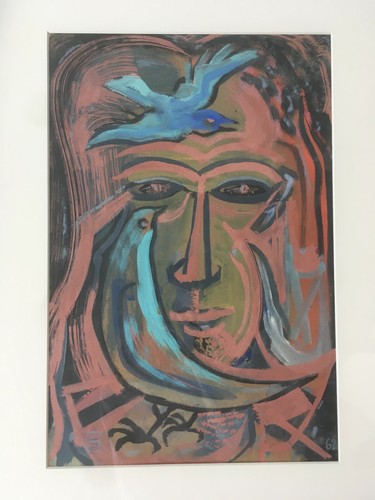 Rare Vintage Mid Century Modern Abstract Bird Face Painting Drawing Gamble 1962 - Picture 9 of 9