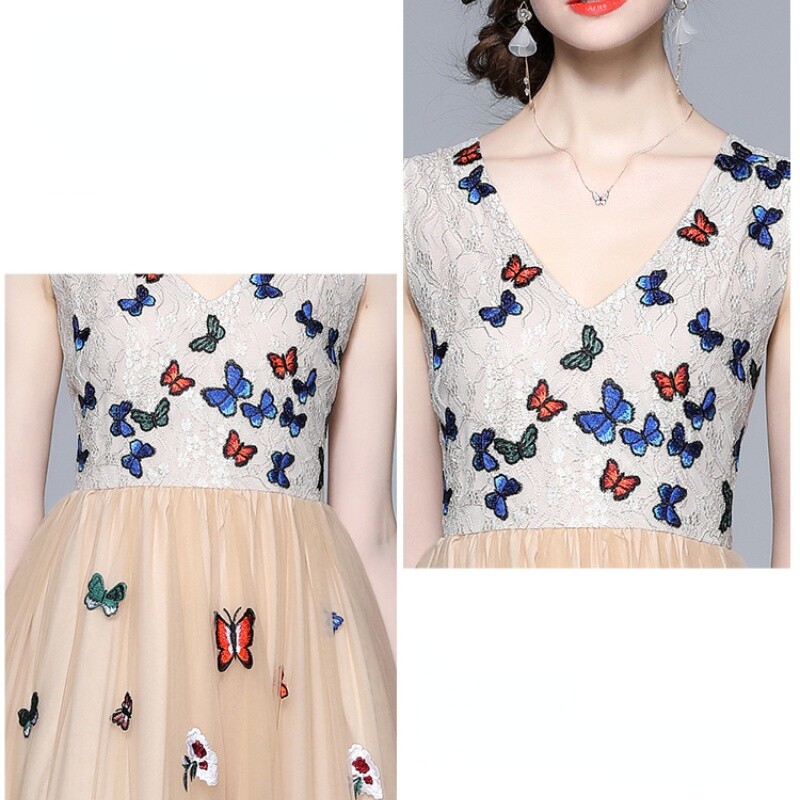 Women Butterfly Embroidery Lace Mesh Long Dress Sleeveless V